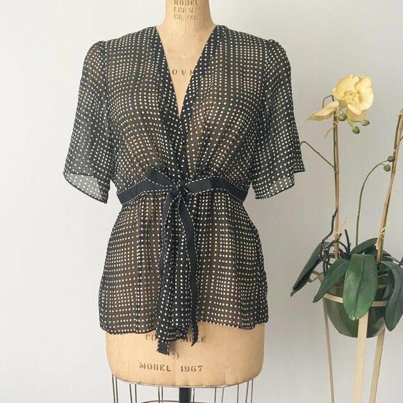 AXCESS Size 14 Semi See Through Black and White Polka Dots Polyester Waisted Top - Picture 12 of 13